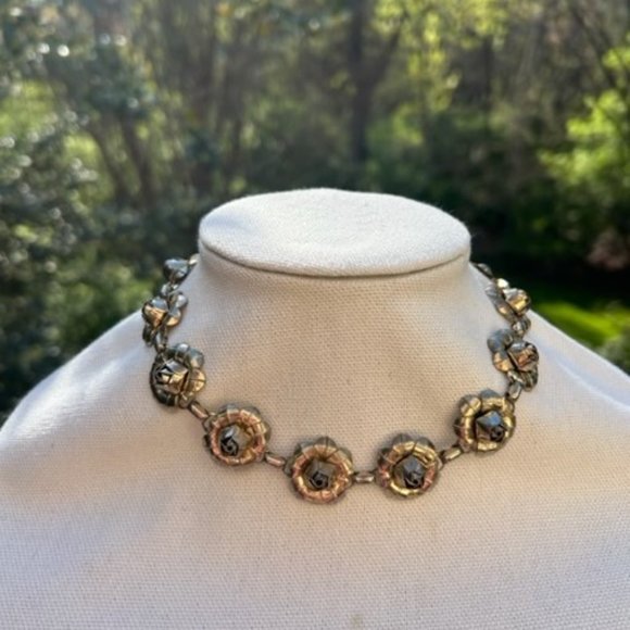 3-D Silver Metal Rose Flower Link Choker NECKLACE EARRINGS SET - Picture 4 of 11